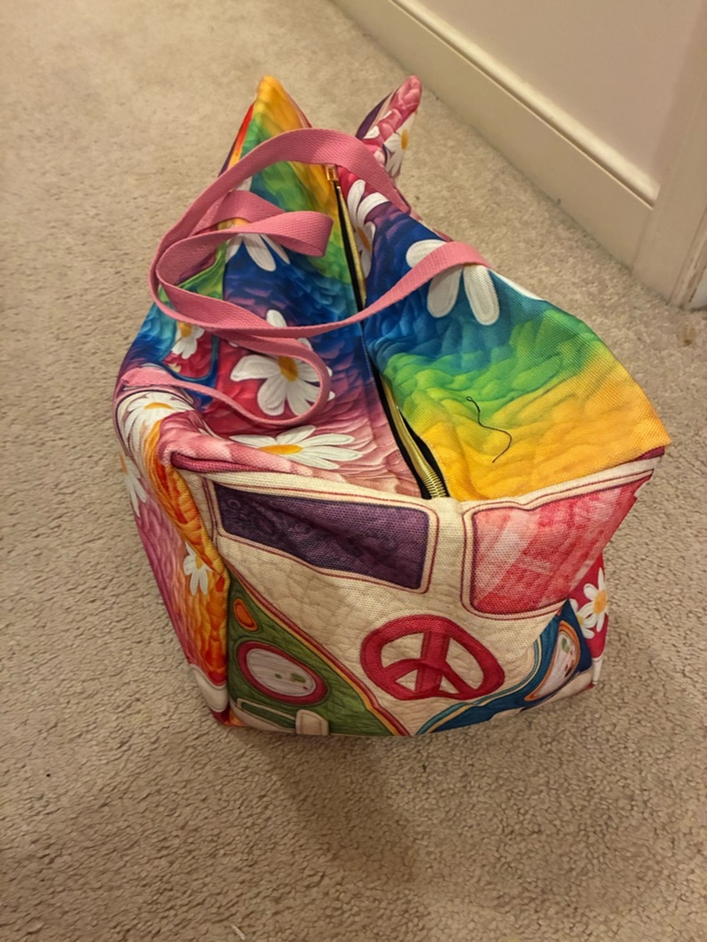 Colorful Rainbow Peace Van Tote Bag - Pink Straps